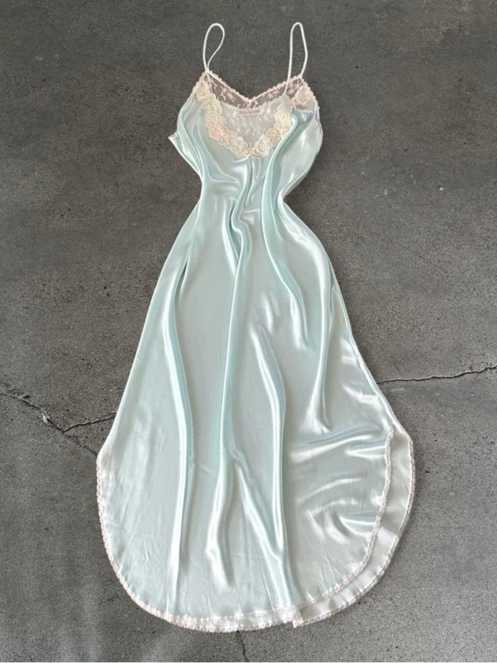 Vintage Silky Light Blue Lace-Trim Slip Dress